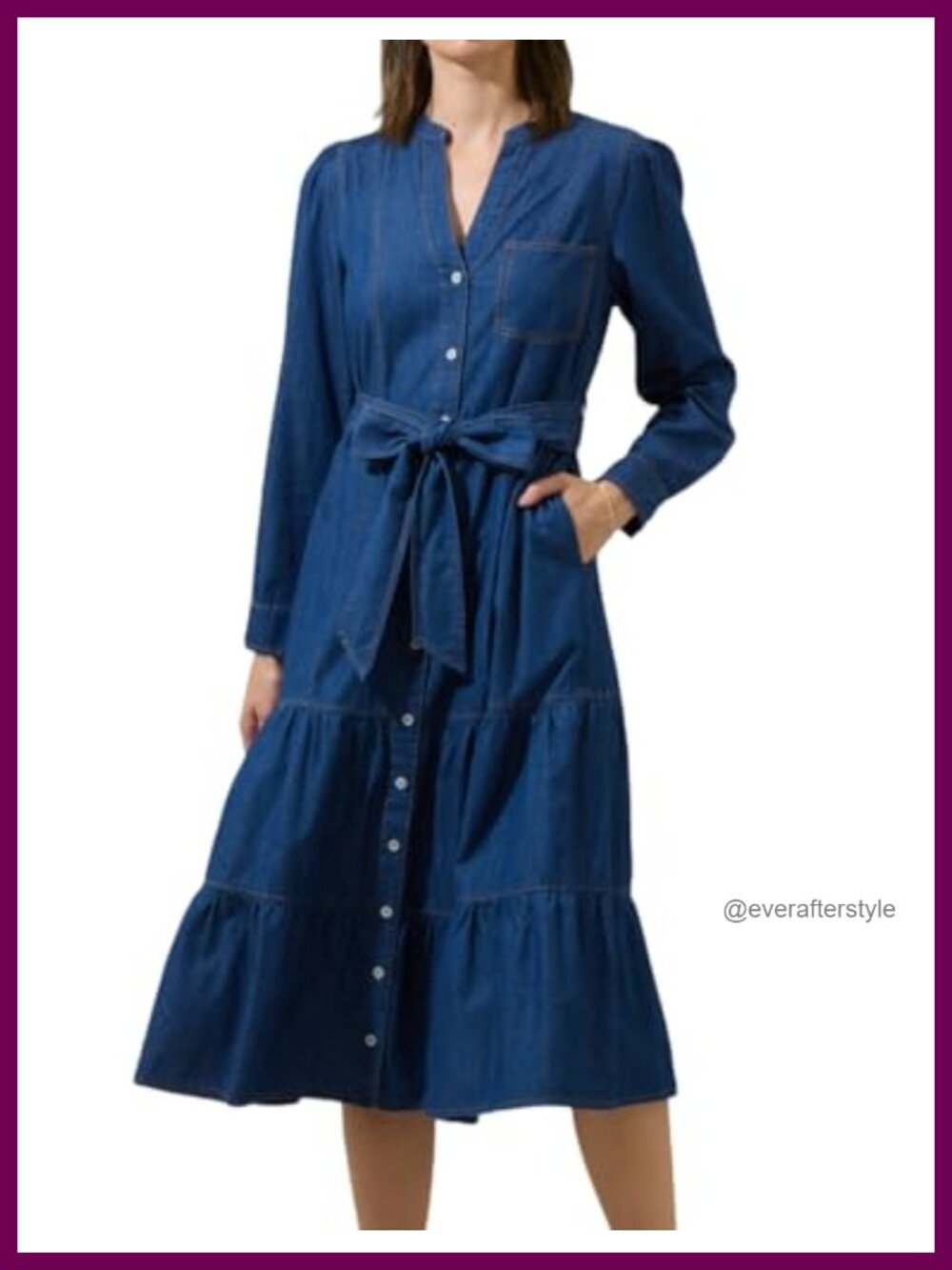 Women's Long Sleeve Denim Midi Dress with Belt Button Down Ruffle Casual